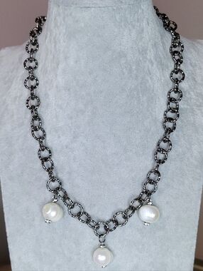 Antiqued Gunmetal Rollo Chain Necklace with Freshwater Baroque Pearls